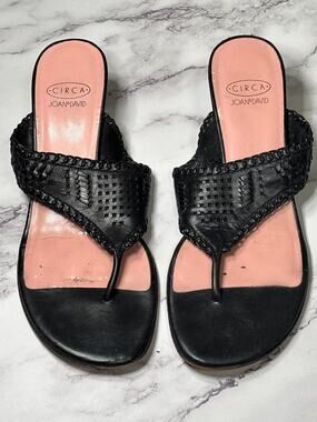 Circa Joan & David Black Pink Block Heel Flip Flops Patent Leather Sole 6M